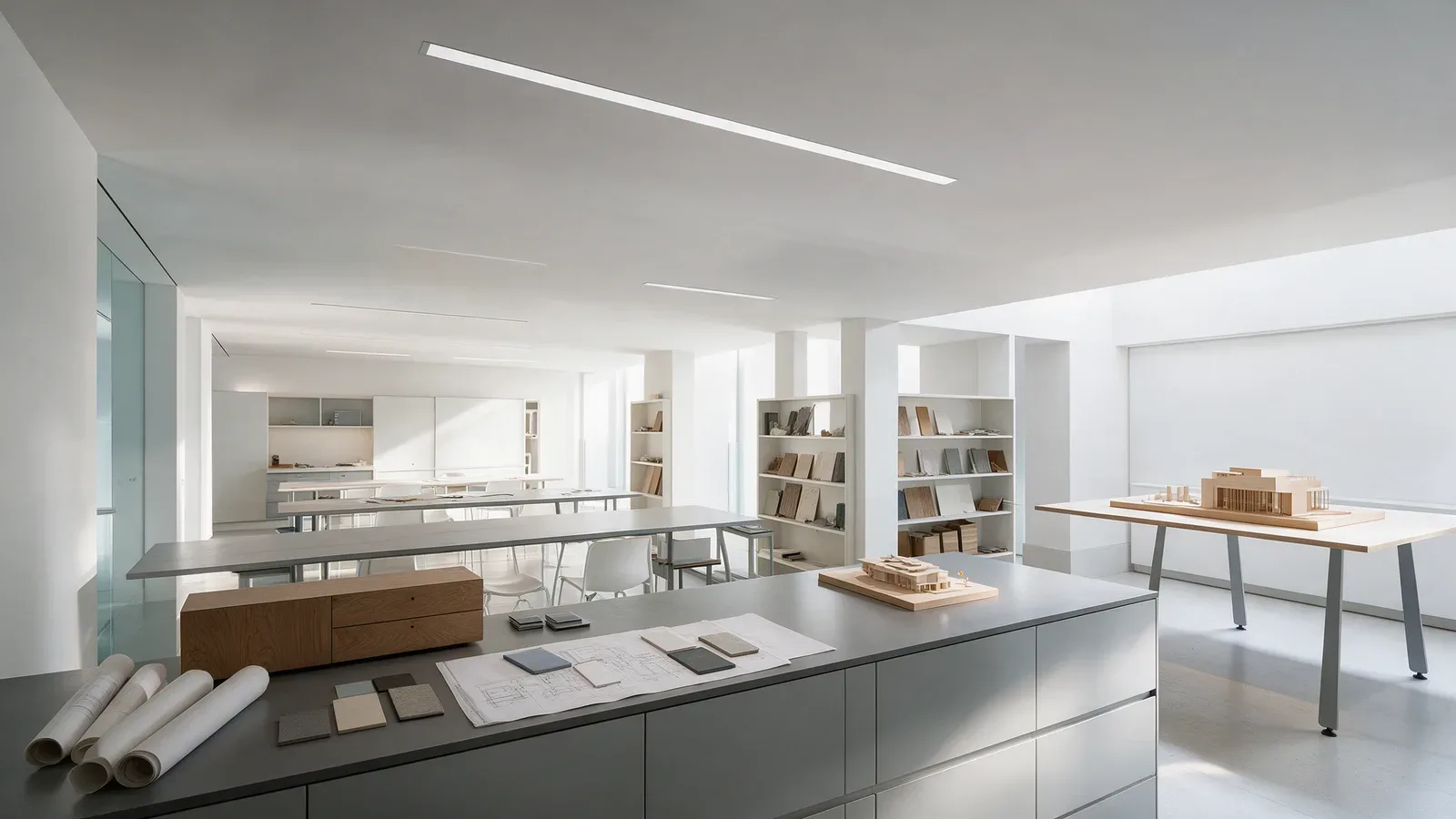 Estudio de arquitectura abierto con luminarias lineales blancas empotradas en el techo, mesas largas y estanterías.