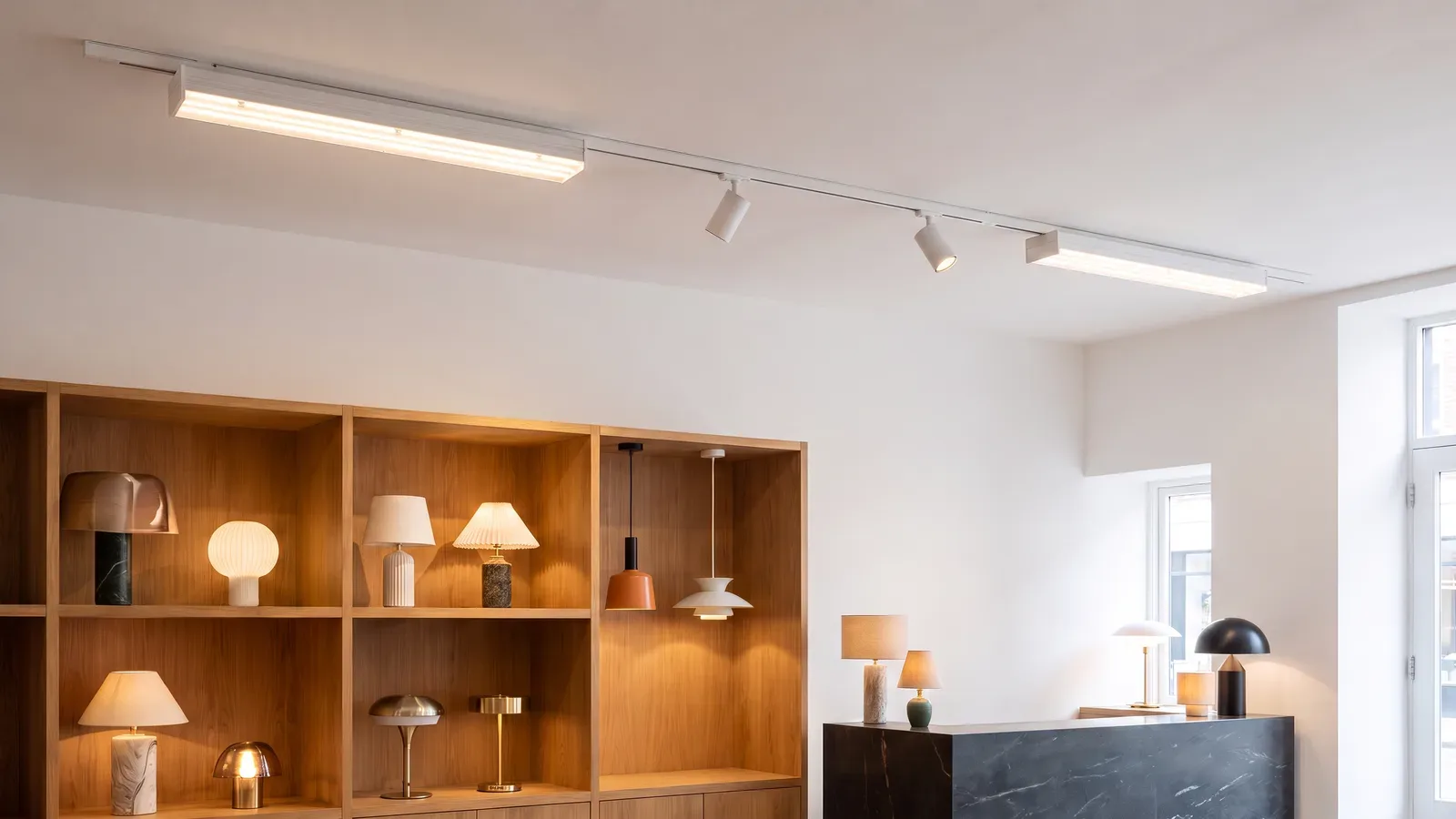 Tienda de iluminación pequeña con estantería de roble y mostrador de piedra oscura con lámparas expuestas; en el techo, un carril blanco con dos luminarias lineales blancas y dos focos blancos entre ellas.